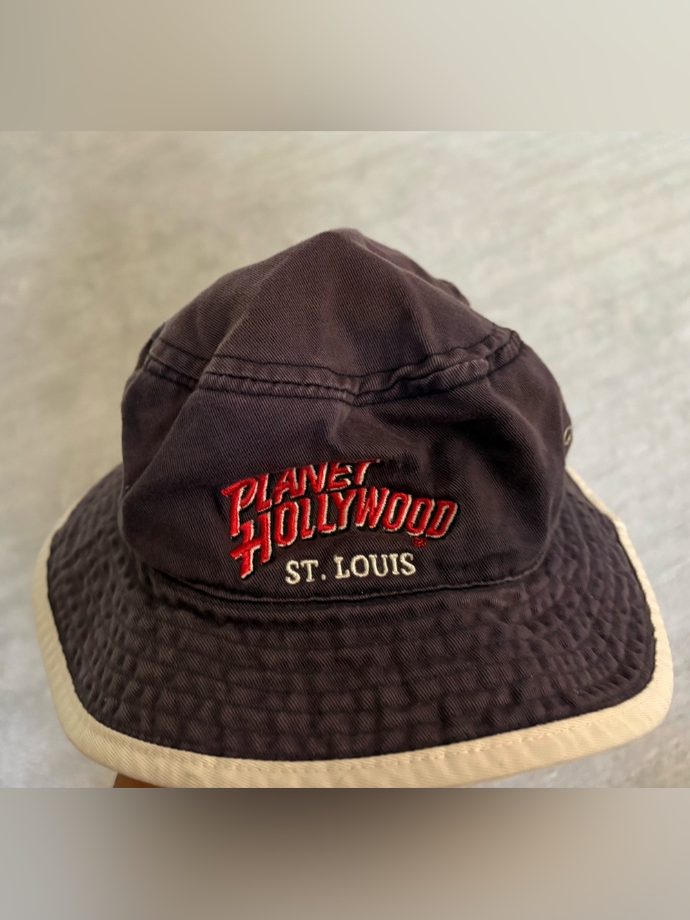 Vtg Planet Hollywood St Louis Bucket Hat L Y2K Blue Cream Gorpcore Streetwear
